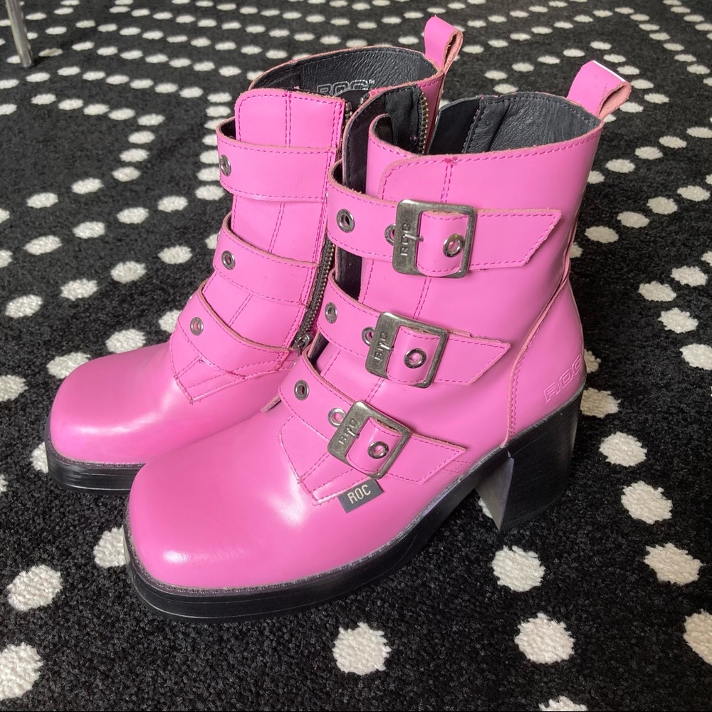 ROC bubblegum pink buckle boots from Dolls Kill US 8/UK 39